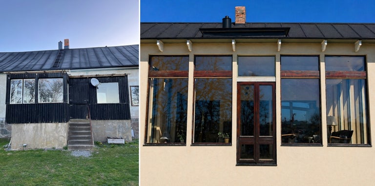 Före och efter jämförelse av en fasadrenovering med stora glaspartier och en dubbeldörr i trä.