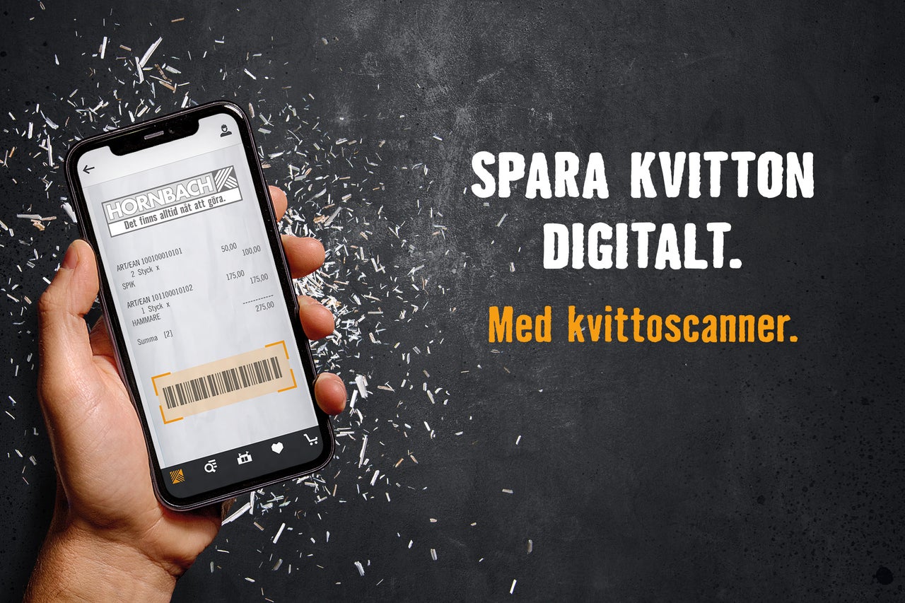 En smartphone i en hand visar Hornbach-appen med ett digitalt kvitto.