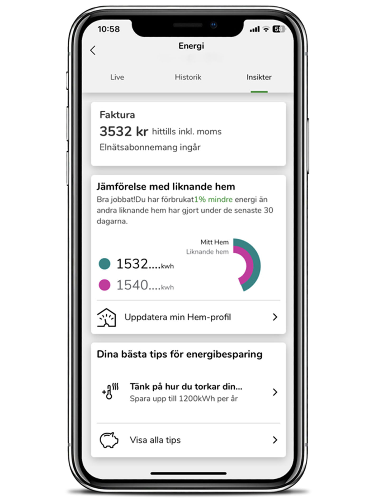 Smartphone med energi-app för kostnadskontroll