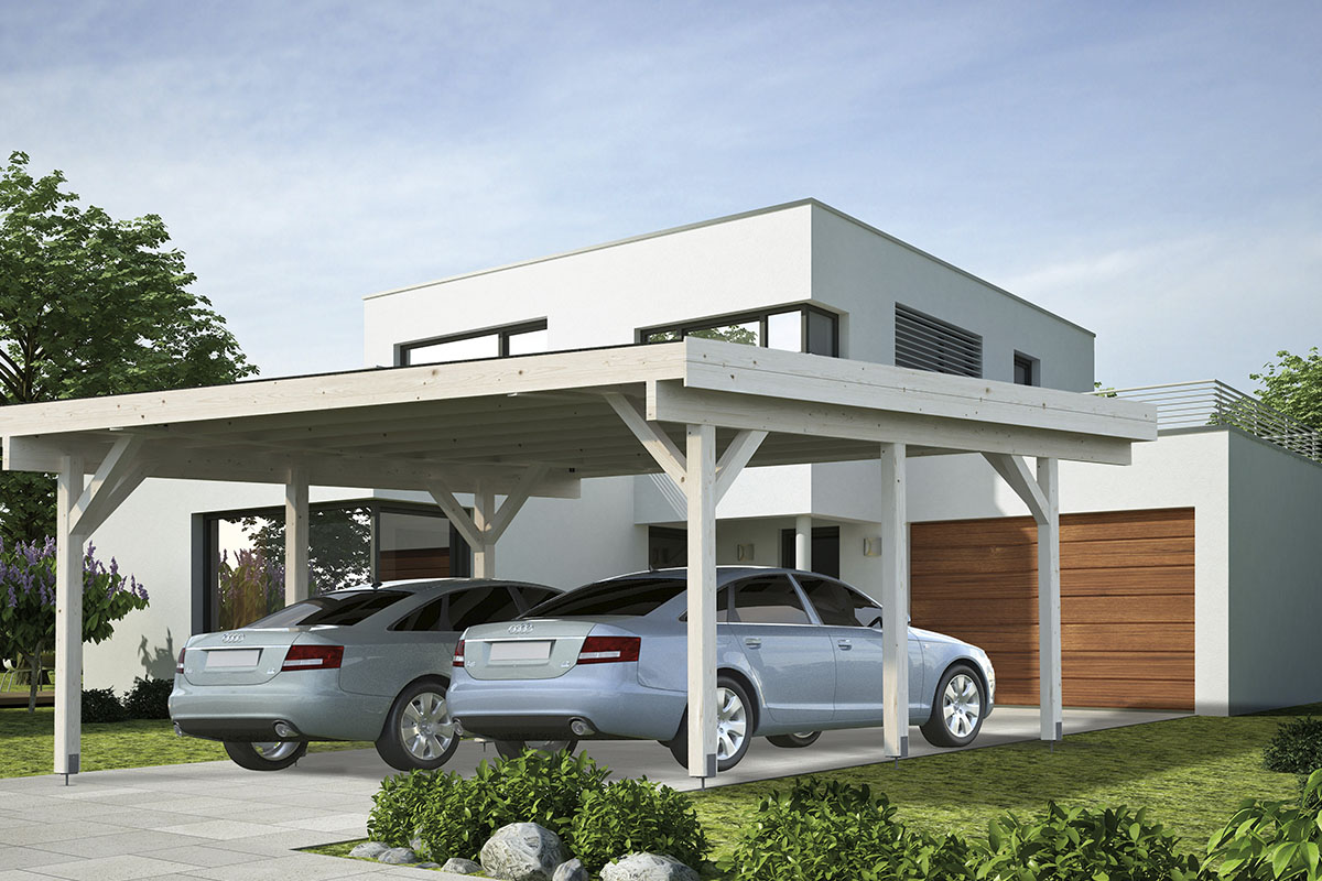 Dubbel carport i trä framför modernt hus med två bilar