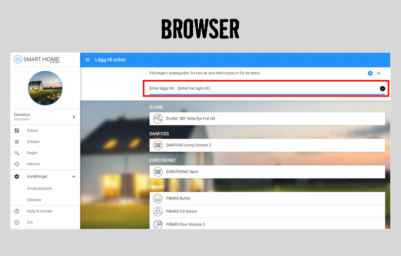 Smart Home-webbläsarvy för enhetskonfiguration