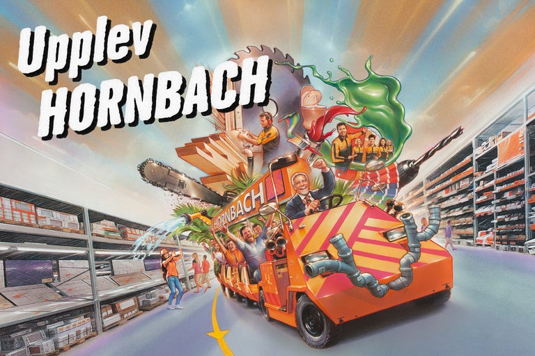 Illustration av Hornbach med byggvaruhusartiklar på en vagn