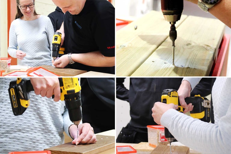 Flera personer använder en sladdlös skruvdragare för att skruva in skruvar i trä.