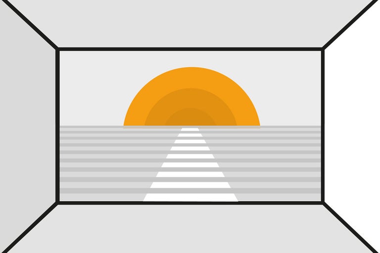 Illustration av ett rum med utsikt över ett stiliserat landskap med sol och horisontella linjer