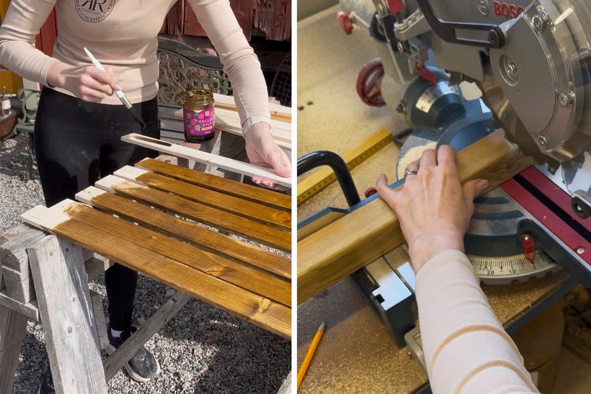 En person målar träläkt med lasyr på en sågbock och kapar en trälist med en kap- och gersåg.