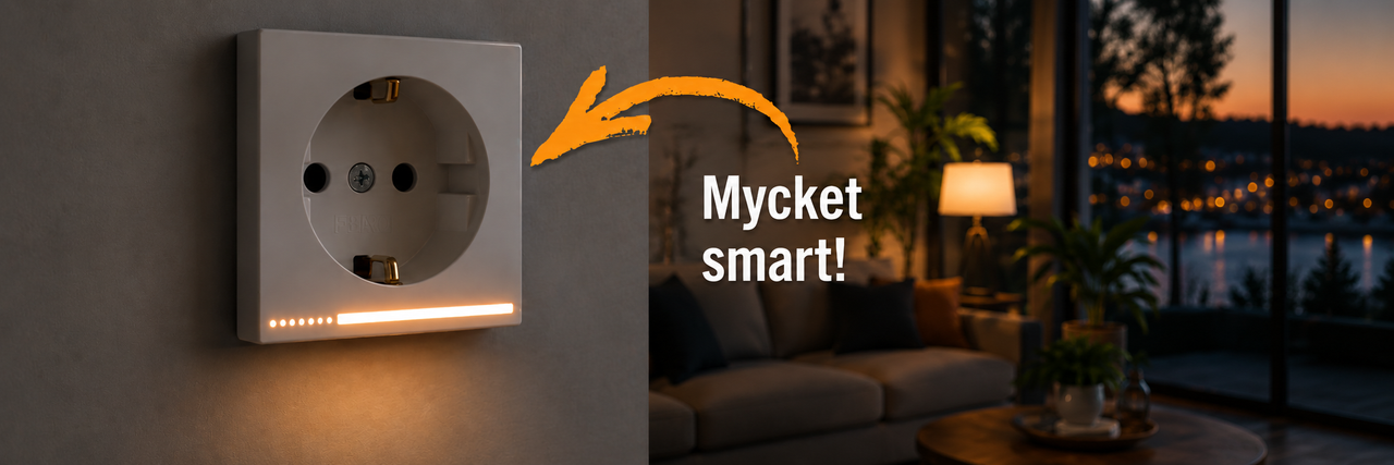 Smart eluttag med integrerat LED-ljus på en vägg i ett möblerat vardagsrum vid skymning.