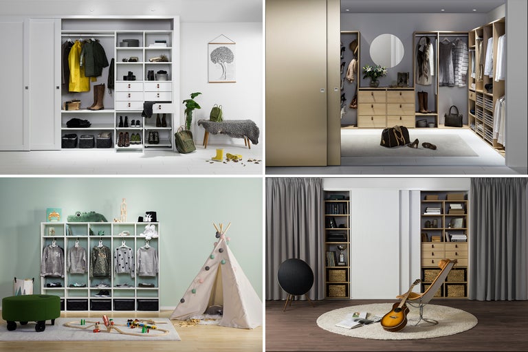 Fyra vyer över olika rum med olika garderobslösningar.