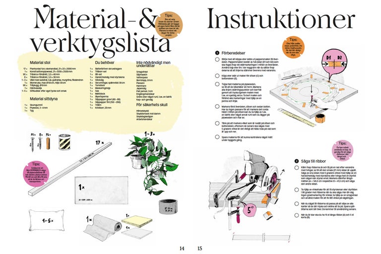 Instruktioner för att bygga en stol med en lista över material och verktyg