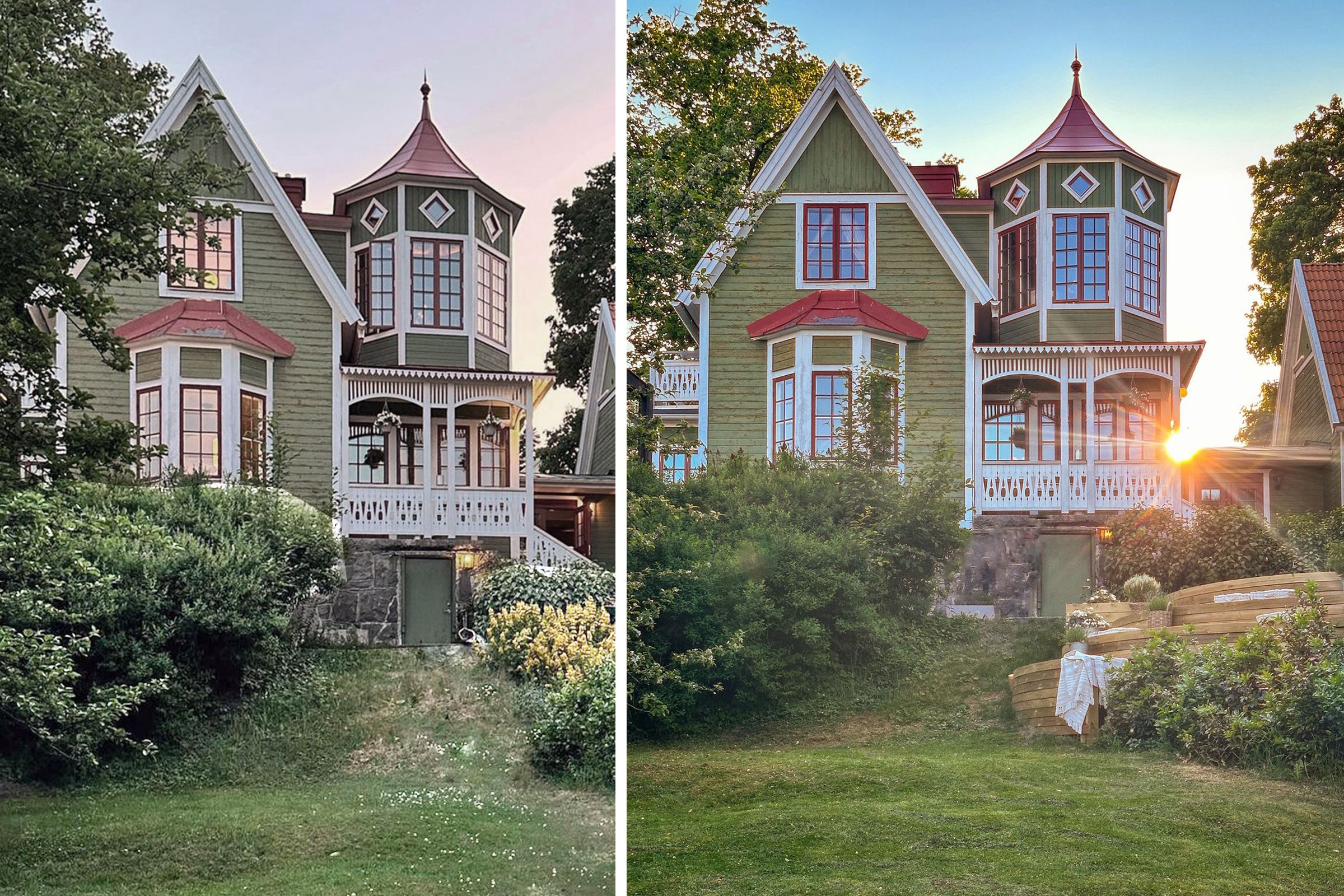 Utsikt över ett hus i flera våningar med ett torn och en gräsmatta