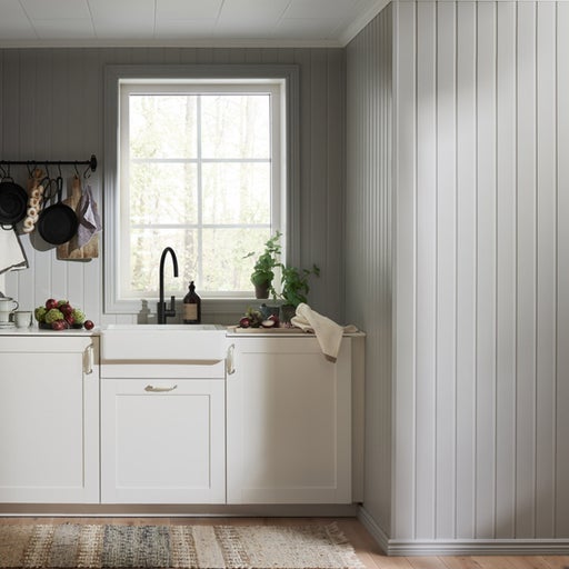 Ljust kök med diskho, armatur och köksredskap på väggen