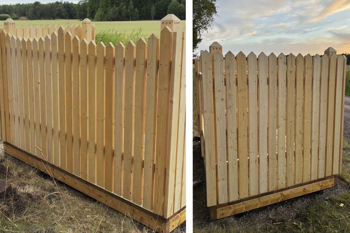 Träribbstaket med spetsiga ribbor och dekorativa stolpar på en trägrund i en utomhusmiljö.