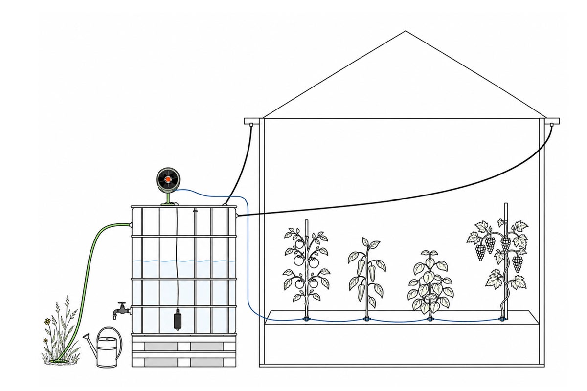 Schematisk bild av ett solcellsdrivet bevattningssystem med vattentank för automatisk bevattning i växthus och utomhus.