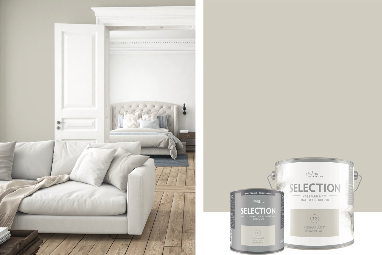 Ljust rum med soffa, säng och färgburkar Style Color Selection Väggfärg Matt