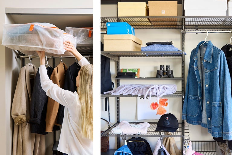 Garderob med hyllor, klädstång och förvaringspåsar i textil