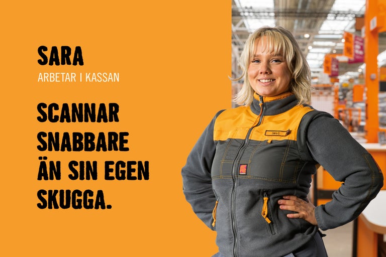 Porträtt av en vänlig Hornbach-anställd med text på en orange bakgrund.