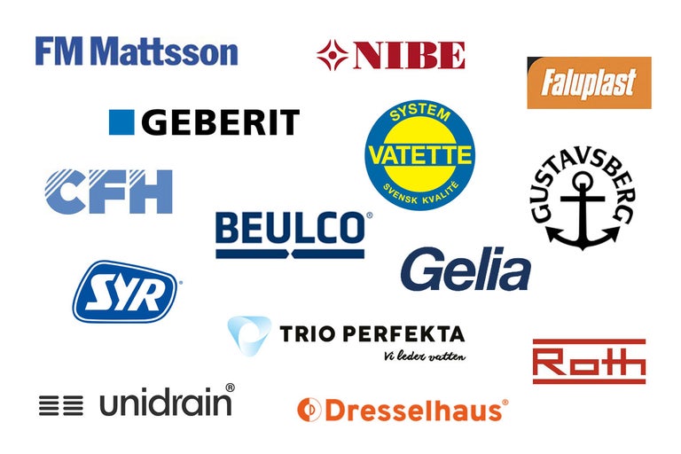 Logotyper för olika tillverkare som FM Mattsson, Nibe, Faluplast, Geberit, CFH, Beulco, Roth med flera