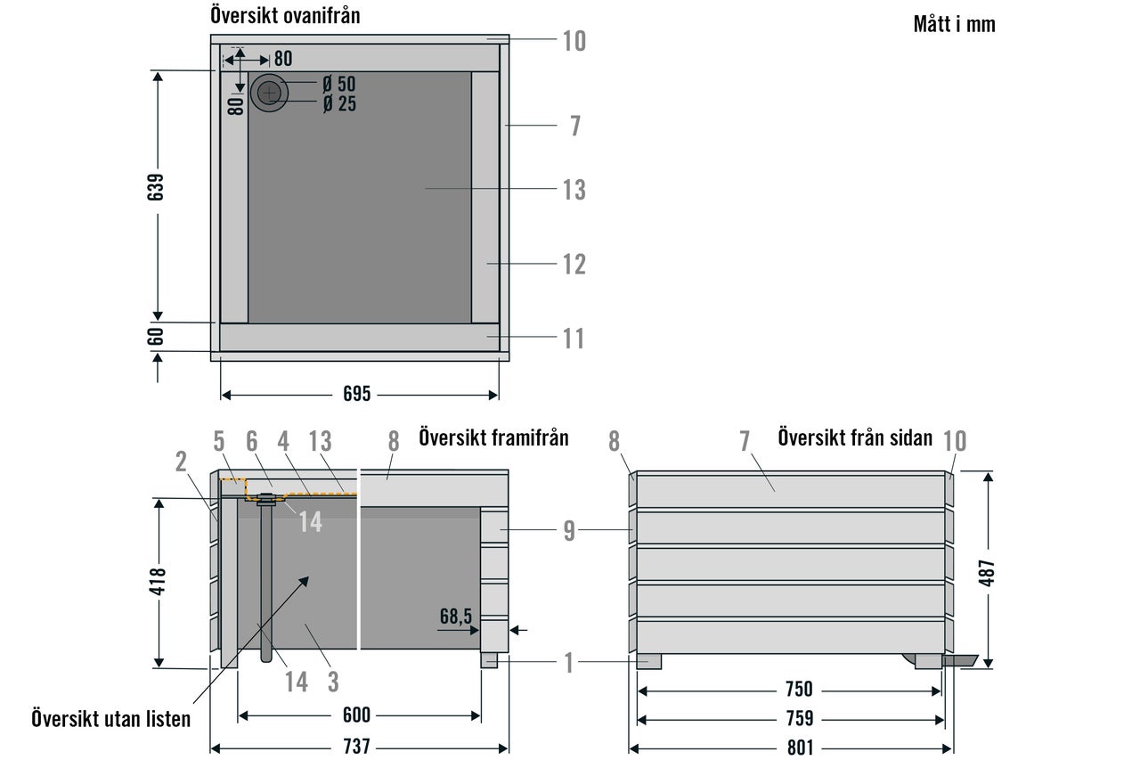 Teknisk ritning med mått i millimeter för vy ovanifrån, framifrån och från sidan av en rektangulär blomlåda.