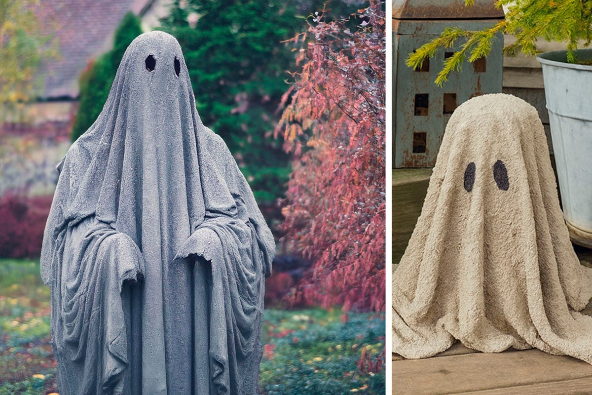 Collage med två dekorativa spöken för Halloween, en i trädgården och en inomhus.