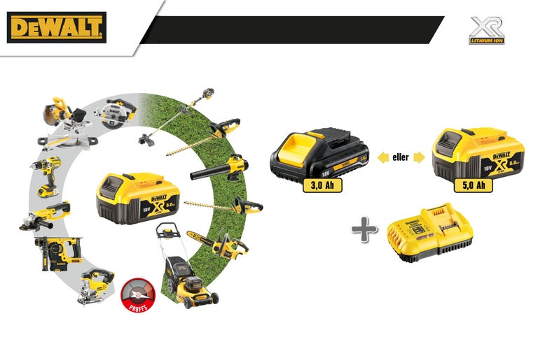 Dewalt batterisats med laddare och trädgårdsredskap