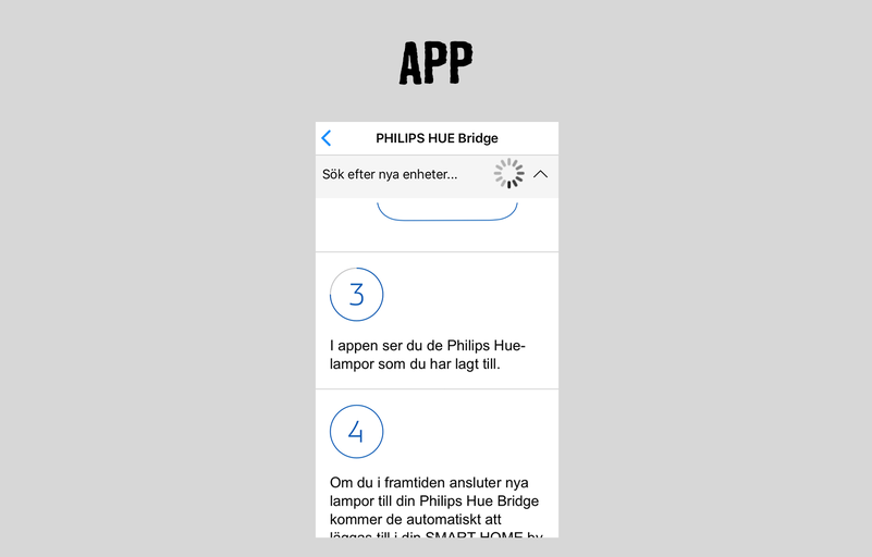 Philips Hue Bridge app-vy för att söka efter nya enheter