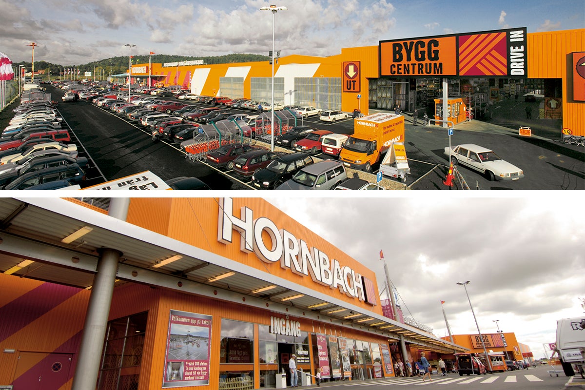Exteriörvy av en Hornbach byggvaruhus med parkeringsplats