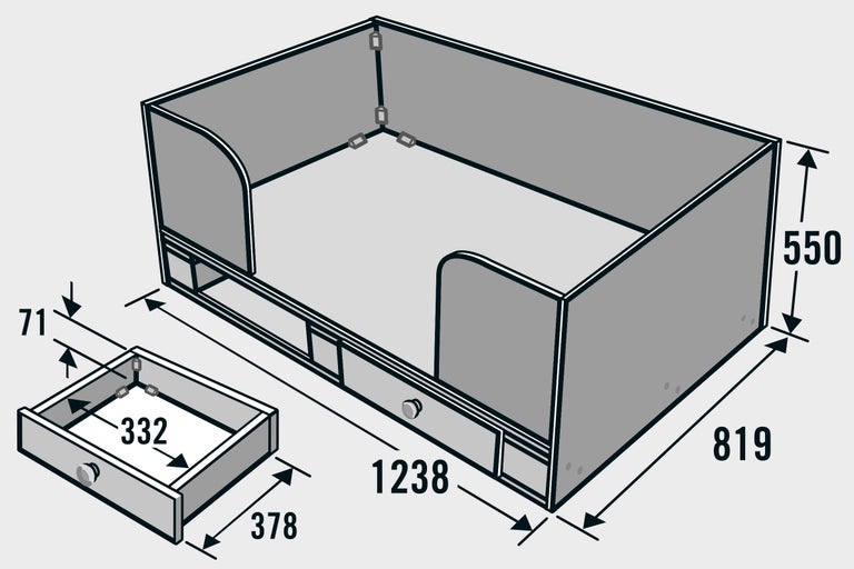 Ritning av en barnsäng med låda och mått