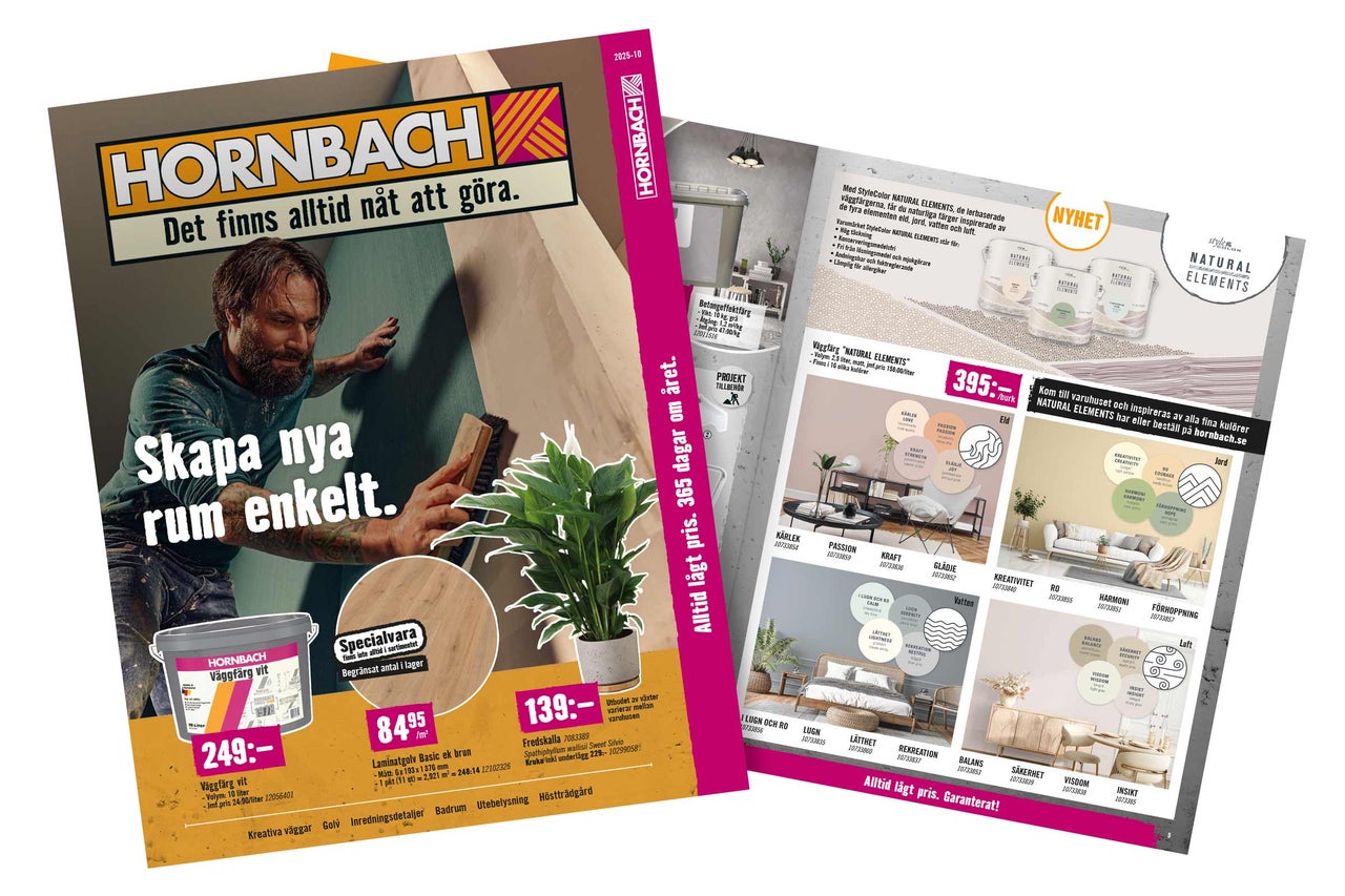 Hornbach-reklam med man som målar, färgburk, krukväxt, laminat och färgkartor