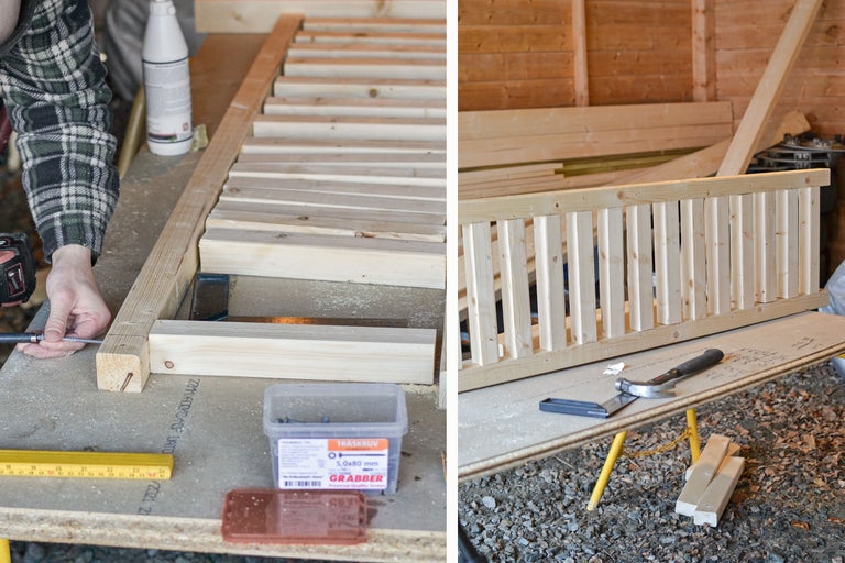 Konstruktion av en träkonstruktion med verktyg och skruvar