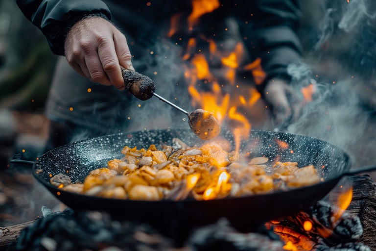 Matlagning över öppen eld i en wokpanna med svamp och grönsaker utomhus.