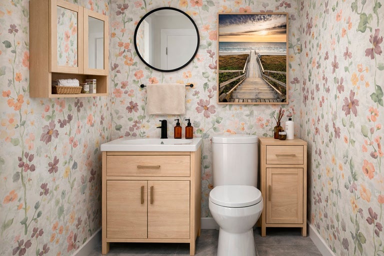 Modernt badrum med blommig tapet, en kommod i ljust trä, en rund spegel och en vit toalett.