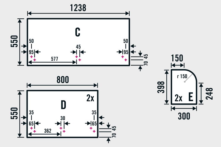 Teknisk ritning med måtten på delarna C, D och E