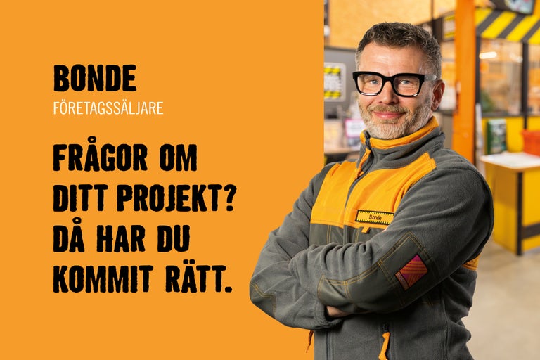 Foto av en Hornbach-anställd med texten: Frågor om ditt projekt? Då har du kommit rätt.