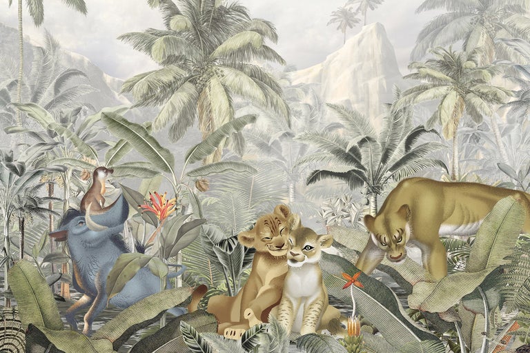Tapet med djungelmotiv, lejon, vårtsvin och surikat