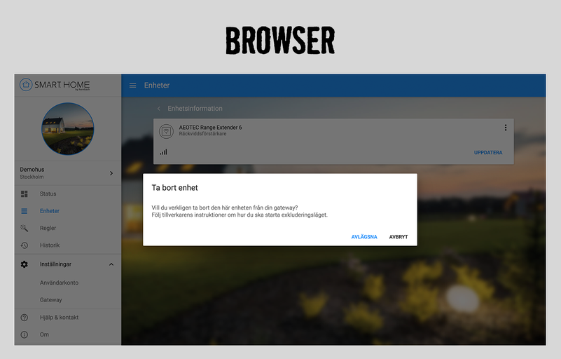Webbläsarvy av en Smart Home-app med enhetsinformation