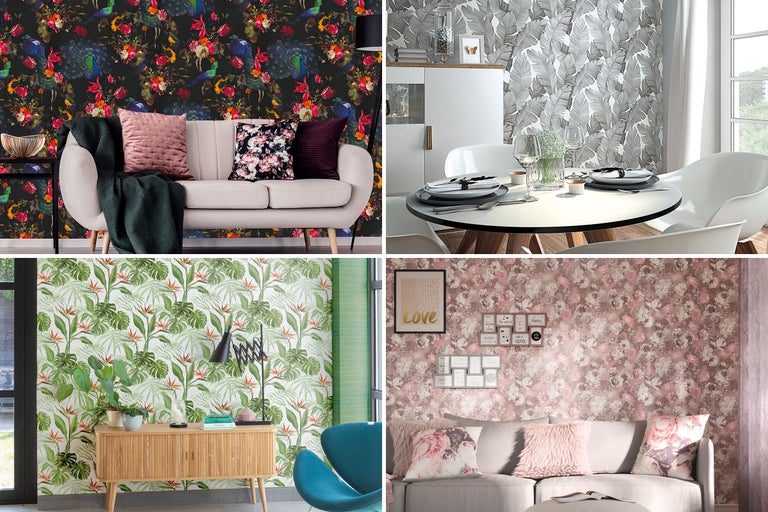 Collage av olika vardagsrum med olika tapetmönster.