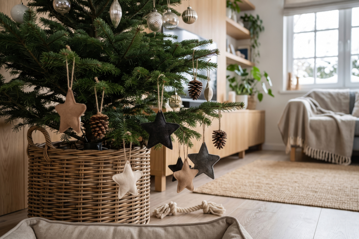 Dekorerad julgran i en flätad korg i ett modernt inrett vardagsrum med trämöbler och en ombonad atmosfär.