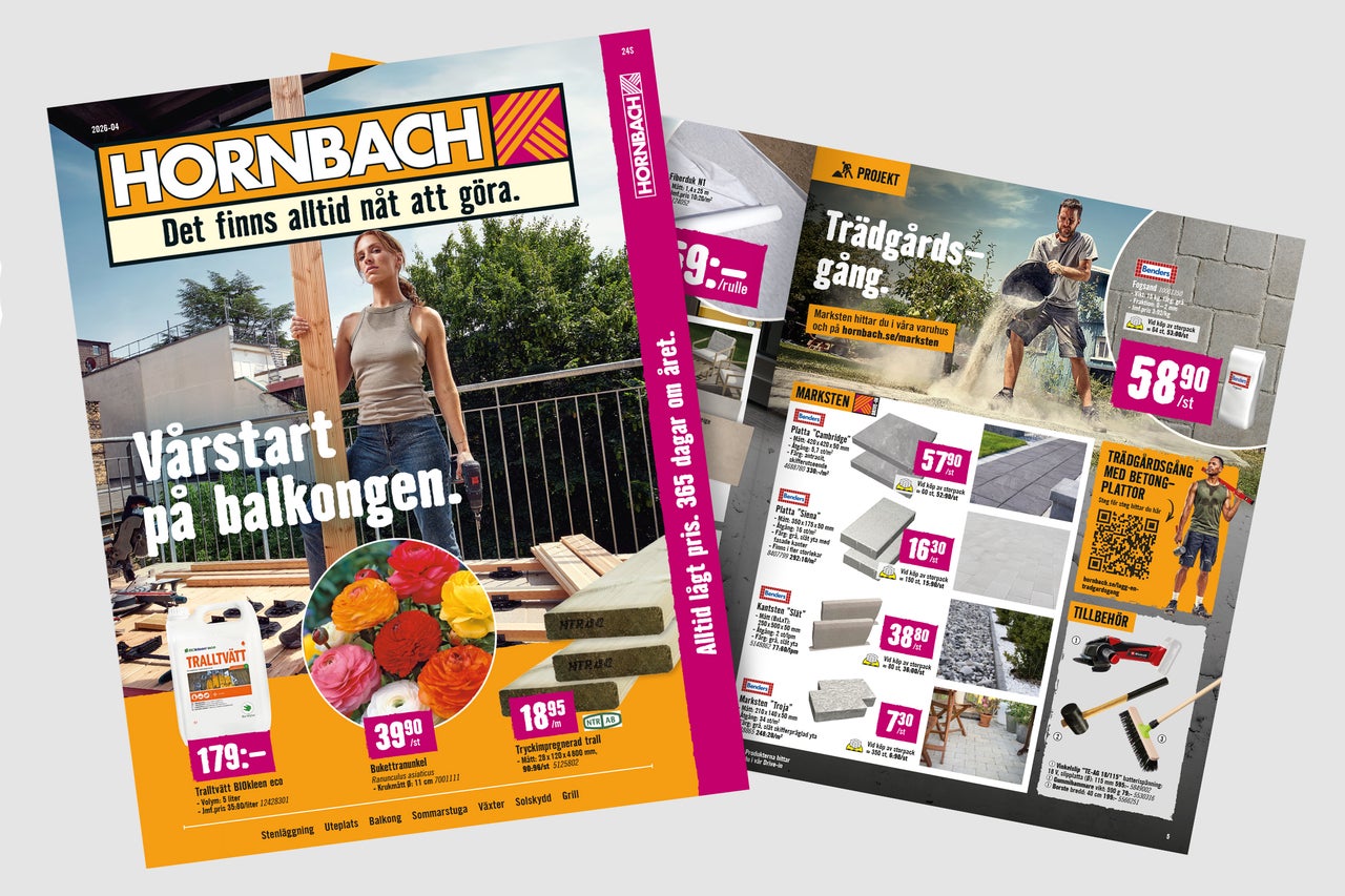 Hornbach reklamblad som visar produkter för balkong och trädgård inklusive tralltvätt, bukettranunkel, tryckimpregnerat virke, marksten och verktyg.