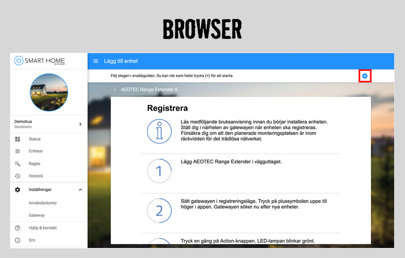 Browser-vy av Hornbachs Smart Home-app med instruktioner för att lägga till en enhet