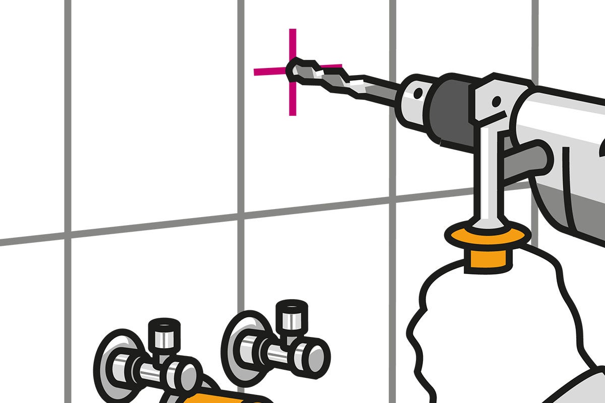 Illustration av en borrmaskin som borrar ett hål i en kakelvägg