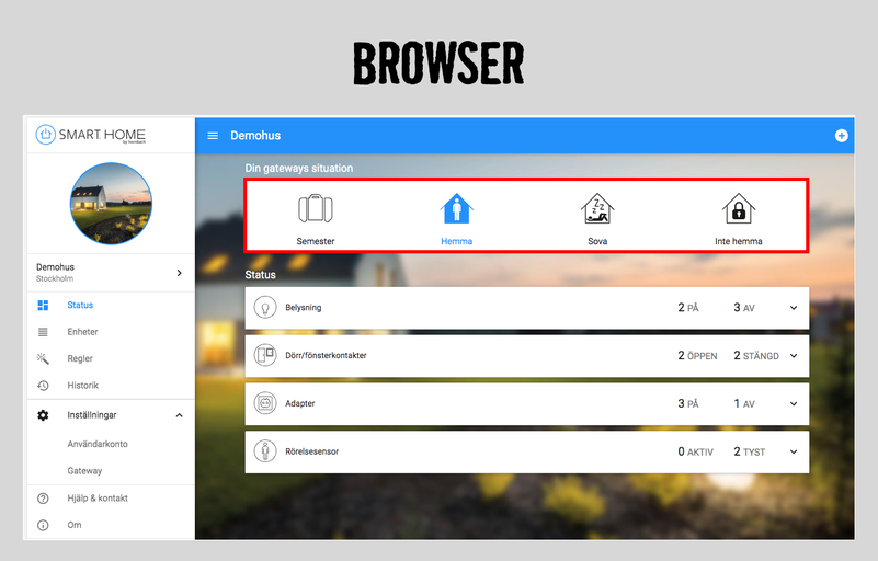 Smart Home app-gränssnitt med olika gateway-situationer