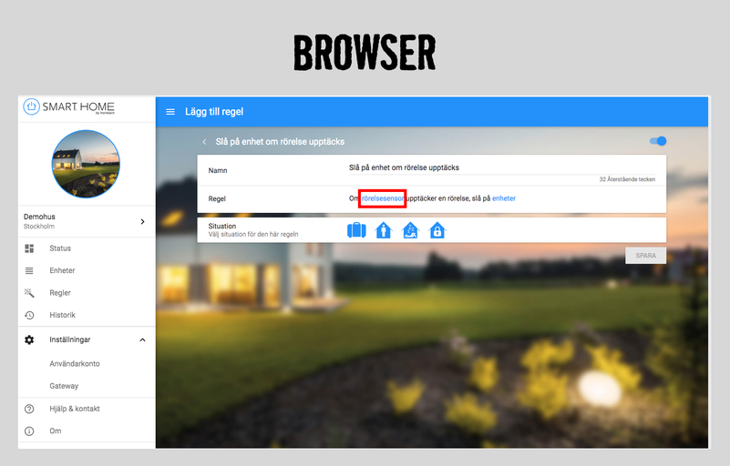 Skärmdump av en Smart Home-webbläsareapplikation för att konfigurera rörelsedetektorregler.