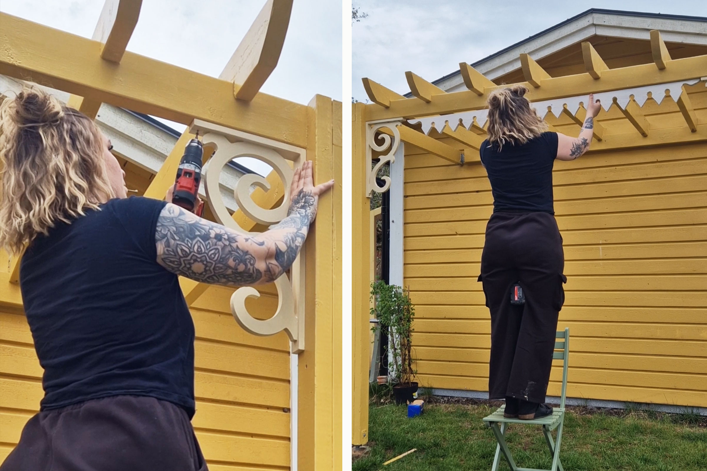 Kvinna fäster dekorativ träkonsol i en pergola med en sladdlös skruvdragare