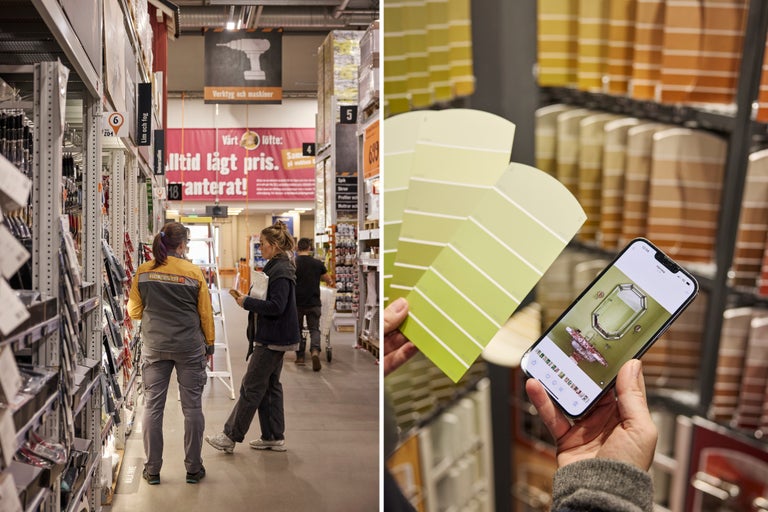 En Hornbach-anställd ger råd till en kund i butiken. Bredvid en hand som håller färgprover och en smartphone med ett inredningsexempel.