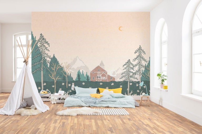 Barnrum med skogstapet, tipi och låg säng.