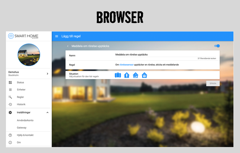 Webbläsarvy av Smart Home-appen för att skapa regler