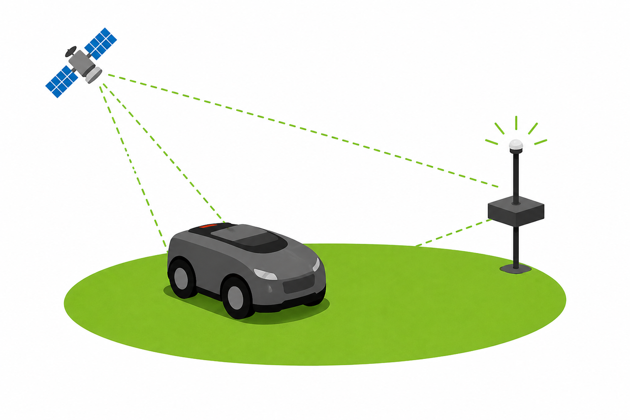 Illustration av en robotgräsklippare som tar emot satellitsignaler för navigering via en referensstation.