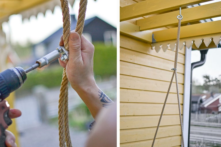 Installation av lekplats gunga med borr och vajerklämmor