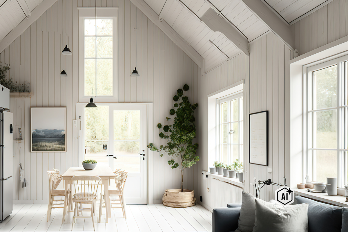 Ljust, öppet vardagsrum med matplats, höga fönster och träpanel i skandinavisk inredningsstil med krukväxt.
