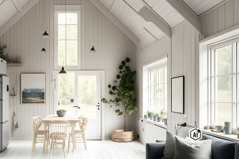 Ljust, öppet vardagsrum med matplats, höga fönster och träpanel i skandinavisk inredningsstil med krukväxt.