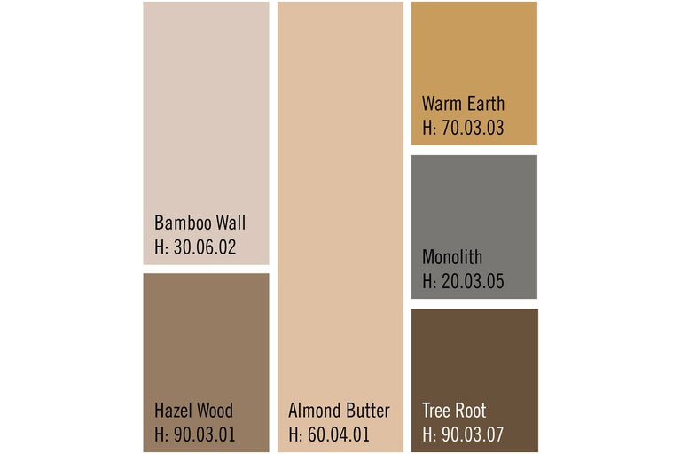Färgmönster med nyanserna Bamboo Wall, Hazel Wood, Almond Butter, Warm Earth, Monolith och Tree Root